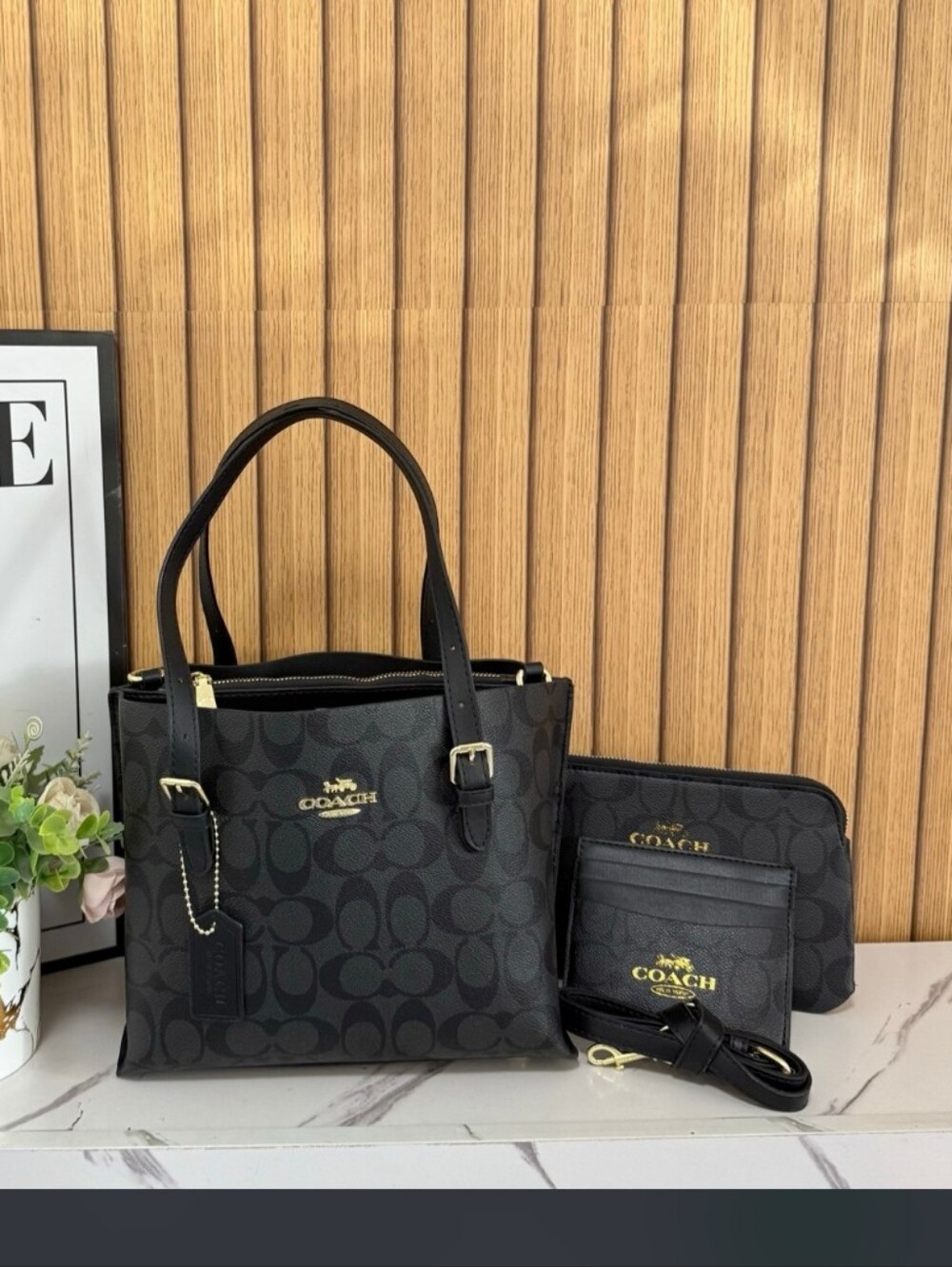 Coach Black Signature Tote with Matching Wristlet and Card Case